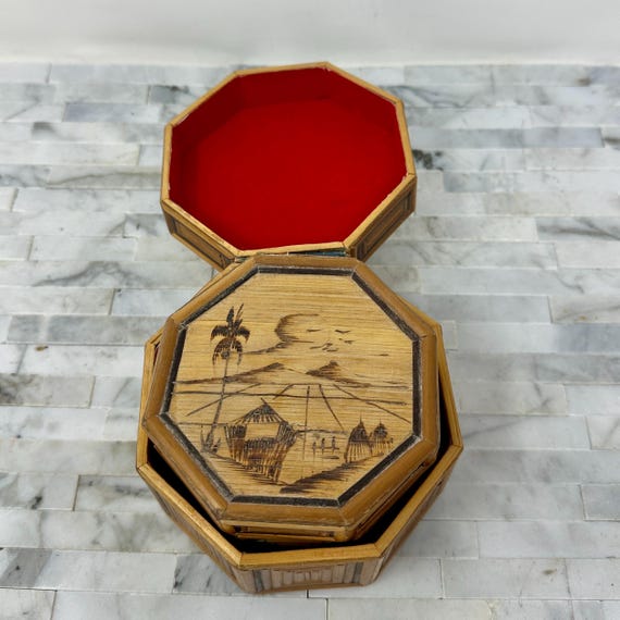 Rattan Pyography Hexagon Nesting Boxes Set 2, Vin… - image 7