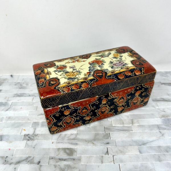 Chinese Zhongguo Ceramic Floral Jewelry Box, Vintage Rectangular Asian Decorative Red Gold Blue, Trinket Dresser Box, Decorative Box