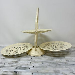 3 Tier Folding Dessert Tidbit Snack Tray, Off White Cream Enamel Metal 3 Pierced Folding Display Tray, Vintage Dining Kitchen