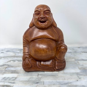 Wood Carved Happy Buddha Figurine 7&quot;, Vintage Wooden Buddhist Statue Hotei Budai Good Luck Prosperity Home Decor