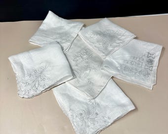 Ladies Linen Hand Embroidered Handkerchiefs Set of 6, Vintage White Delicate Square Hankies Hand Rolled Edge, White on White Antique Hankies