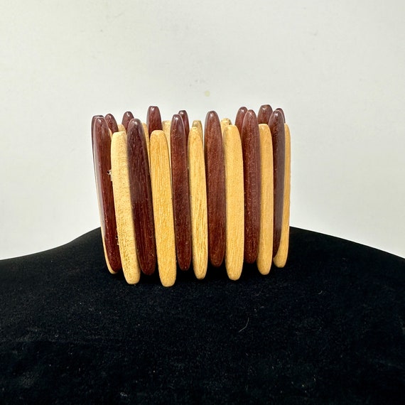 Oblong Wood Bead Stretch Bracelet, Wide Boho Dark… - image 1