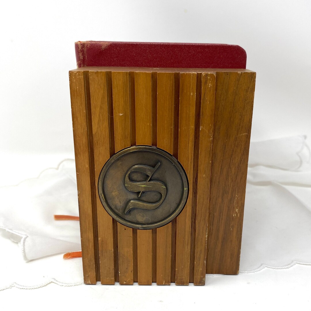 Wood Monogram S Bookends Solid Wood Brass S Medallion Etsy