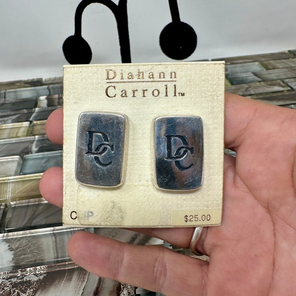 Diahann Carroll Silver DC Monogram Clip Earrings 1", Vintage Square Rectangle Non Pierced Earrings, Costume Jewelry, Silver Jewelry