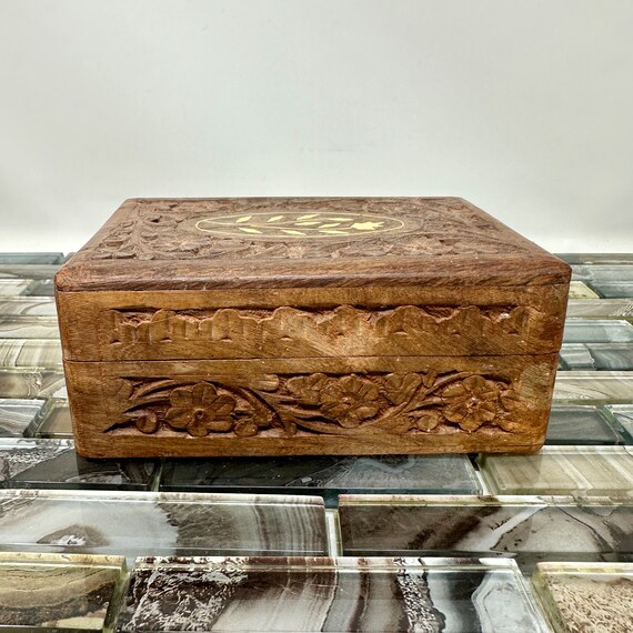 Indian Vintage Gem Stone Inlay Buddha Wooden Treasure Box