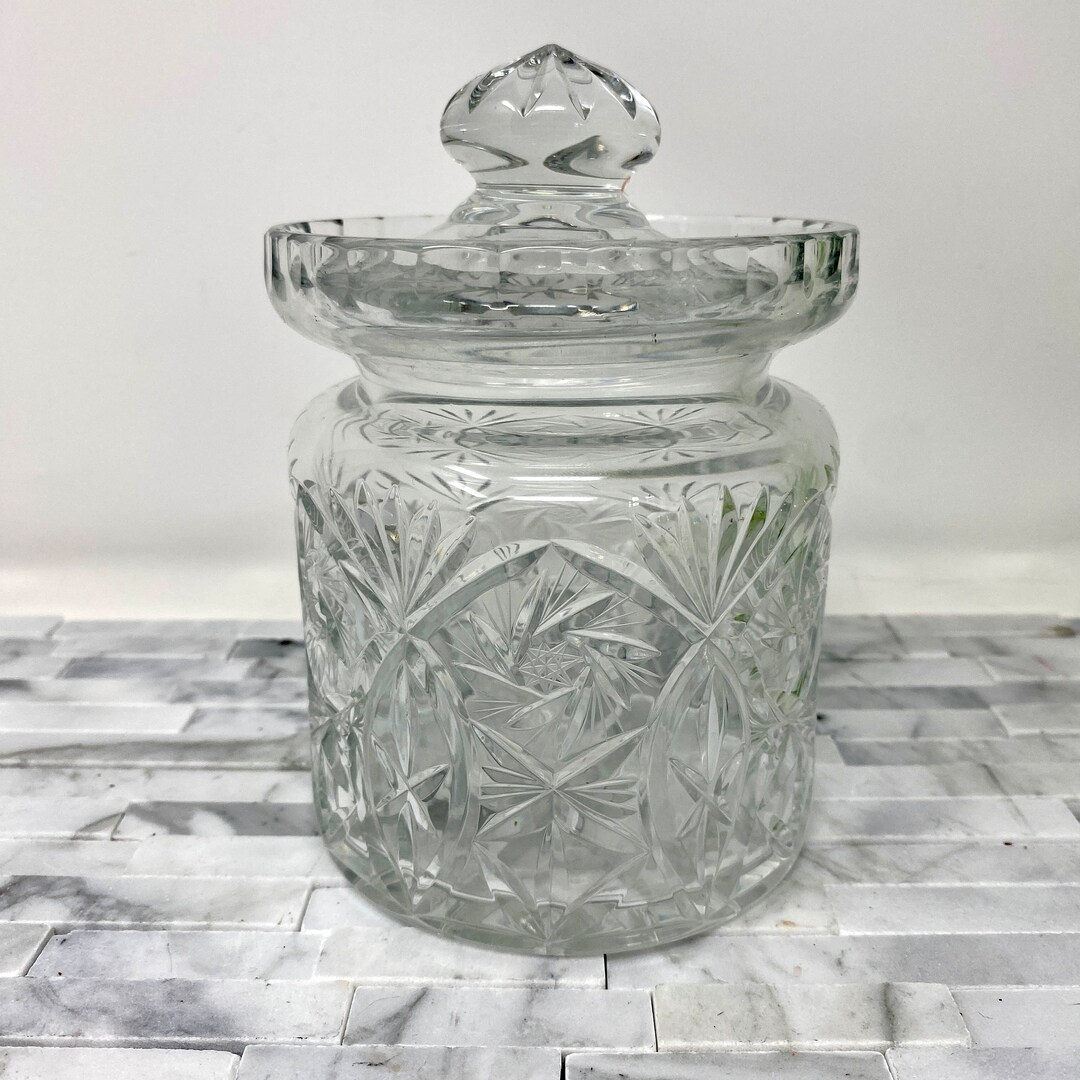 Crystal Biscuit Barrel With Lid, Vintage Crystal Star Fan Pattern
