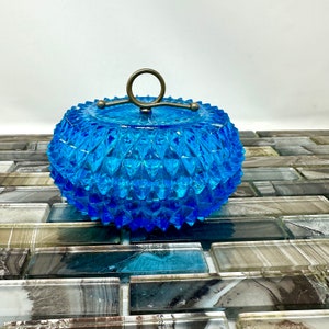 Indiana Glass Diamond Point Blue Lidded Candy Jar, Vintage Pressed Glass Round Bright Blue Candy Dish, Decorative Round Aqua Box