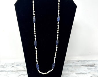 White Pearl Lapis Barrel Bead Necklace, Vintage 26" Long Knotted Beaded Necklace, Blue White Gold Jewelry, Vintage Costume Jewelry, Classic