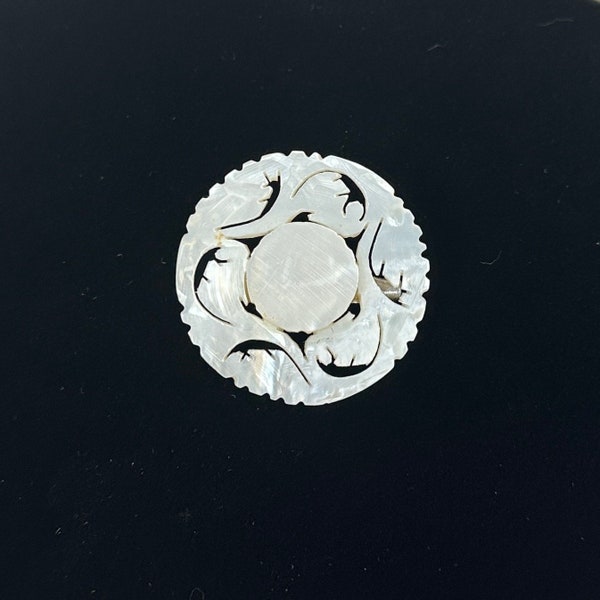 Bethlehem Carved Mother Of Pearl Brooch, Vintage 1960s, Round Floral Carved MOP Pin, Costume Jewelry, Shell Jewelry, White Carved Brooch