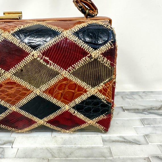 Patchwork Reptile Alligator Leather Box Purse Top… - image 3