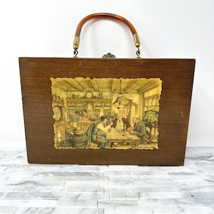Anton Pieck Wood Cigar Box Purse, Vintage 1960s Decoupage Wooden Handbag Top Handle, Keepsake Wood Treasure Box, Unusual Unique Handbag