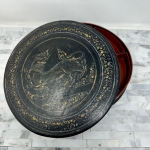 Round Black Lacquer Chinese Sweet Box Thai Singha Lid, Vintage Asian Snack Nut Box Gold Guardian Lion Lid, Decorative Asian Box