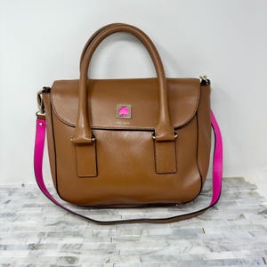 Kate Spade Brown Leather Pink Accent Top Handle Shoulder Bag, Vintage Caramel Large Purse, Everyday Casual Handbag