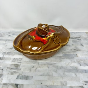 Maurice Ceramics California Pottery Lidded Casserole Dish, Vintage Mid Century Brown Red Yellow Drip  Glaze Pottery Oval Dish 1M100