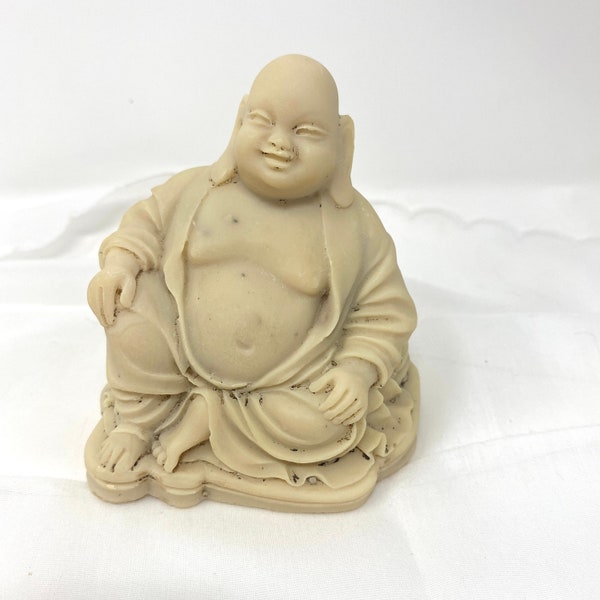 Happy Buddha Figurine 4", Good Luck Figure, Carved Asian Resin Figurine, Hotei Pu-Tai Chinese Vintage Asian Decor, Decorative Buddha