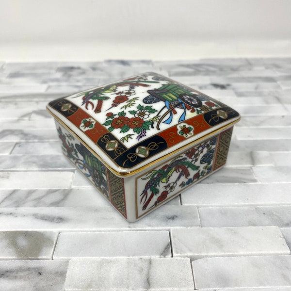 Japanese Imari Square Trinket Box, Vintage 1980s Porcelain Asian Jewelry Box, Eiwa Kinsei Export, Trinket Stash, Decorative Asian Decor