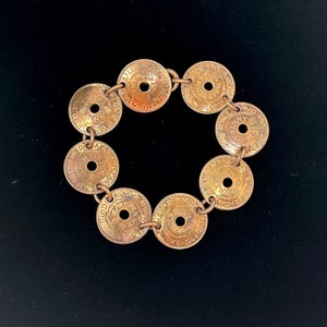 Copper Coin Bracelet, Vintage Queen Elizabeth 1964 Half Penny Link Bracelet 7&quot;, Costume Jewelry 8 Coin Charm Bracelet Rhodesian Nyasaland