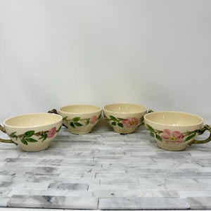 Franciscan Desert Rose Teacups ONLY Set 4, Vintage Everyday American Hand Decorated, Pink Floral Green Vine Made in USA Tableware Dinnerware