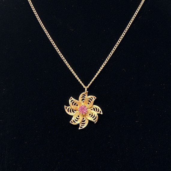 Sarah Coventry Flower Pink Rhinestone Necklace, V… - image 1