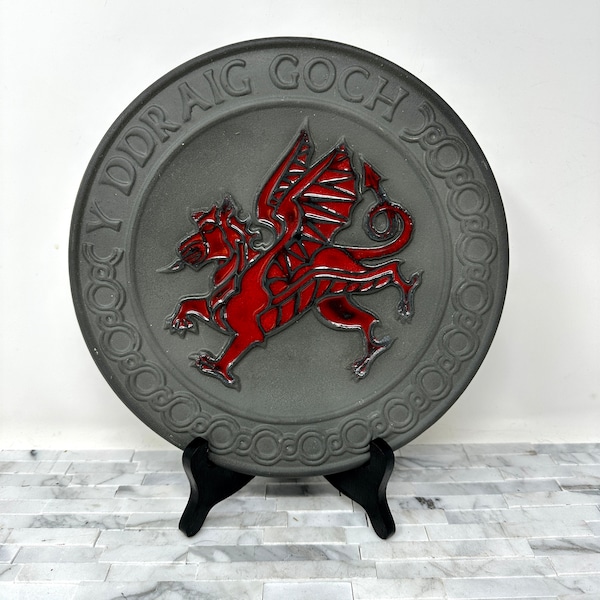 Welsh Dragon Plate, Vintage Y DDraig Goch Gray Red Enamel Wales Dragon Decorative 10" Wall Plate, Gray Red Welsh Wall Decor