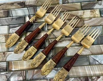 Thailand Bronze Rosewood Dessert Forks Set 6 Siam Sitting Buddha Handle, Vintage Bronze Wood Place Setting Small Forks Bronze Flatware