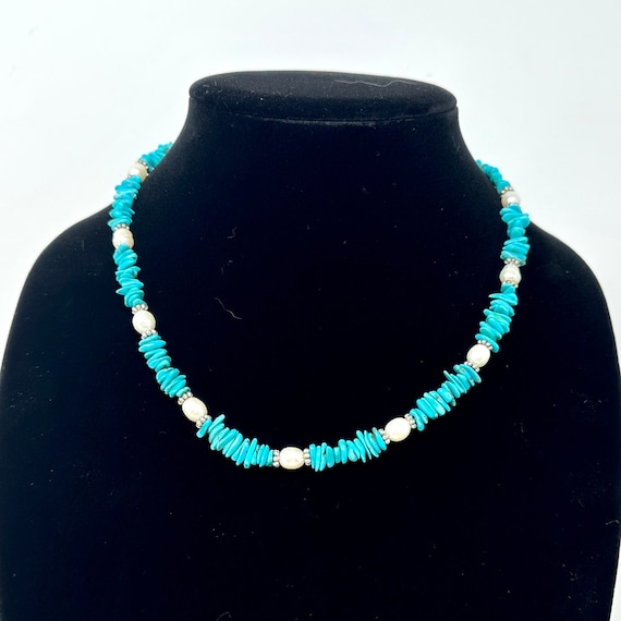 Turquoise Chip and Pearl Bead Necklace 18", Singl… - image 1