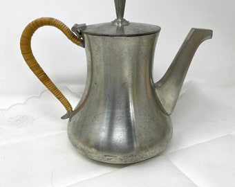 Vintage Royal Selangor Pewter Teapot, Mid Century Modern MCM Short Tea Coffee Urn Wrapped Handle, Modern Design Tea Pot