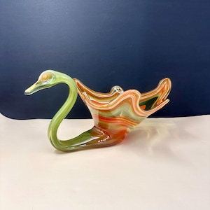 Mid Century Blown Art Glass Swan Centerpiece Bowl, Vintage Green Orange Decorative Glass Sooner Swan