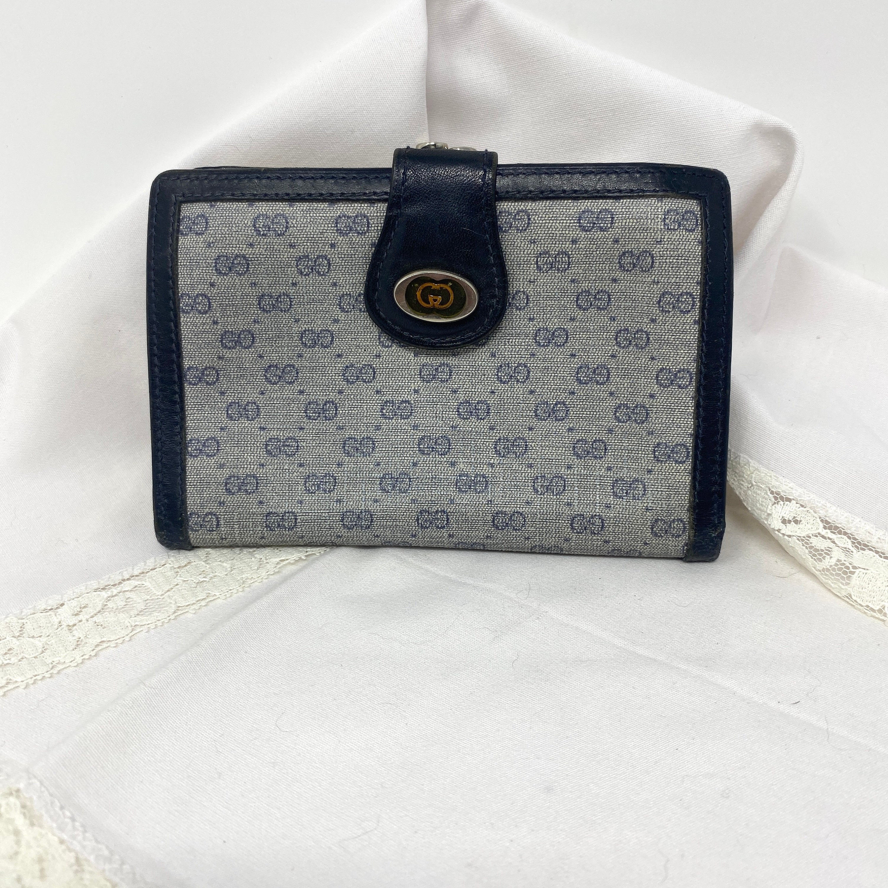 Gucci, Bags, Vtg Gucci Bifold Long Envelope Wallet Dark Navy Blue Checkbook  Cover