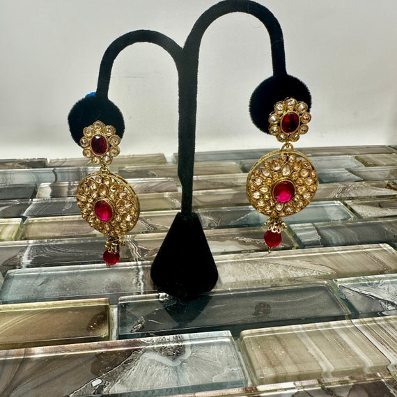 Red Gold Tone Bollywood Pierced Dangle Earrings, … - image 1