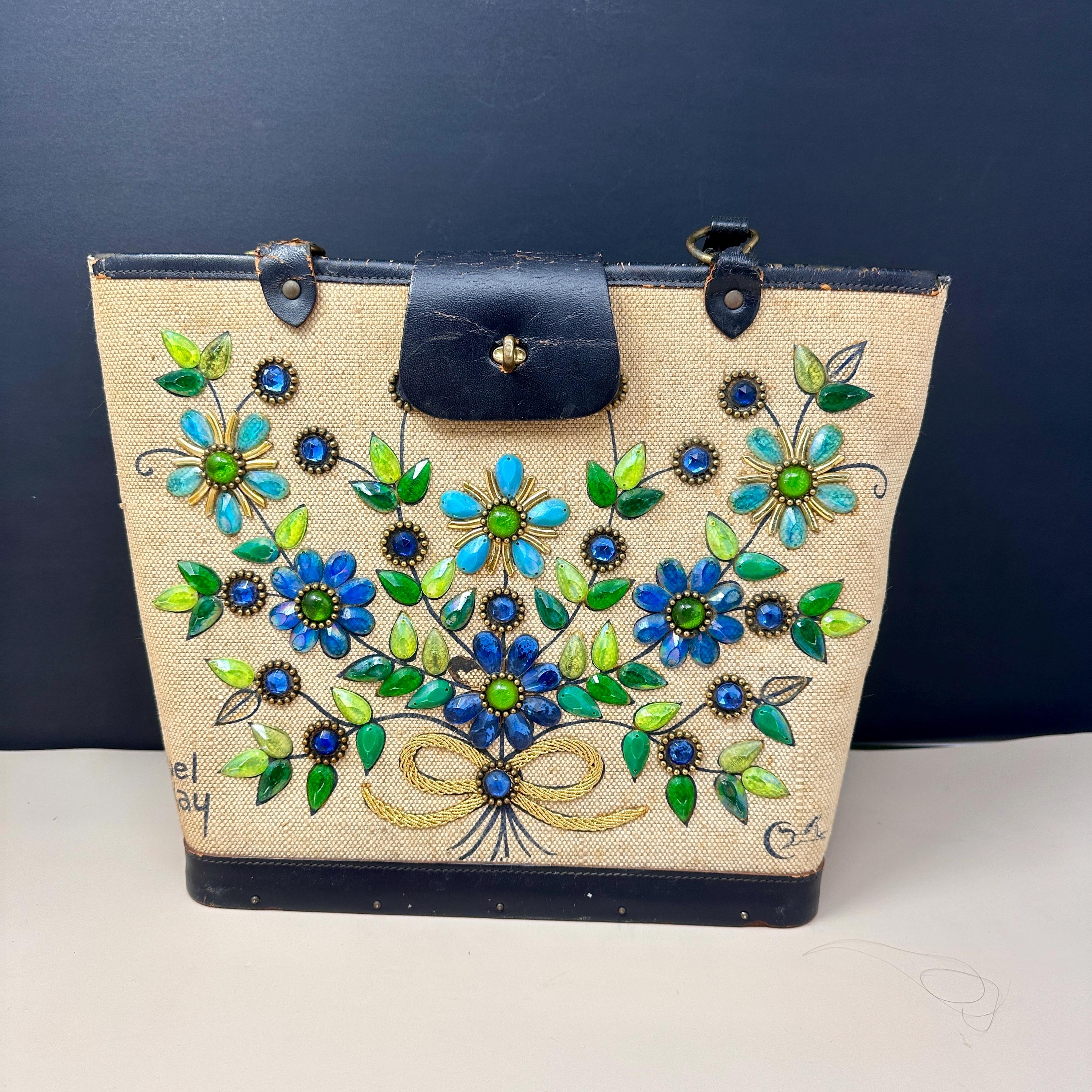 Enid Collins Jewel Bokay Bag, Vintage Blue Floral Canvas Tote AS