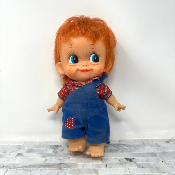 Big Eyed Forsum Doll 9", Vintage 1960s Red Haired Country Boy Doll, Japan Baby Doll Overalls, Old Fashioned Toy Doll