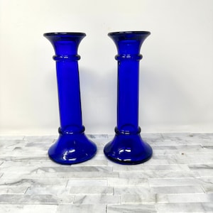Cobalt Blue Glass Pillar Bud Vases 7&quot;, Vintage Tall Glass Flower Vase, Vintage Blue Home Decor, Mantel Decorative Dark Blue Vases