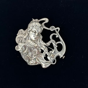Art Nouveau Silver Plate Brooch, Antique Female Floral Pin, Feminine Brooch, Vintage Costume Jewelry Pin, Silver Jewelry Lapel Pin