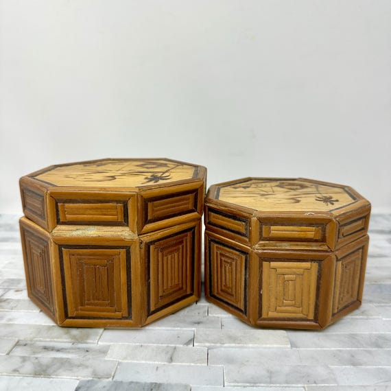 Rattan Pyography Hexagon Nesting Boxes Set 2, Vin… - image 4