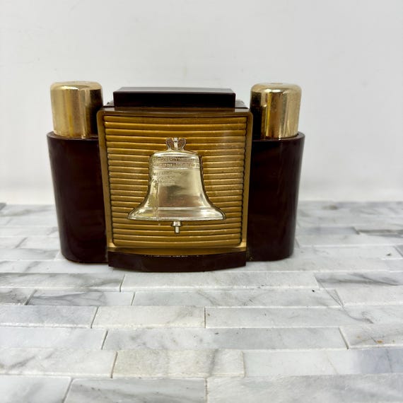 mid century cigarette dispenser Mid Century Liberty Bell Cigarette Dispenser Table Lighter, Vintage Brown  Bakelite Brass Accents American Supply Co