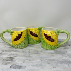 Seymour Mann Sunflowers Coffee Mugs 10 oz Set 3, Vintage Yellow Green Hand Painted Faience Kitchen Mugs, Colorful Floral Decorative Mugs