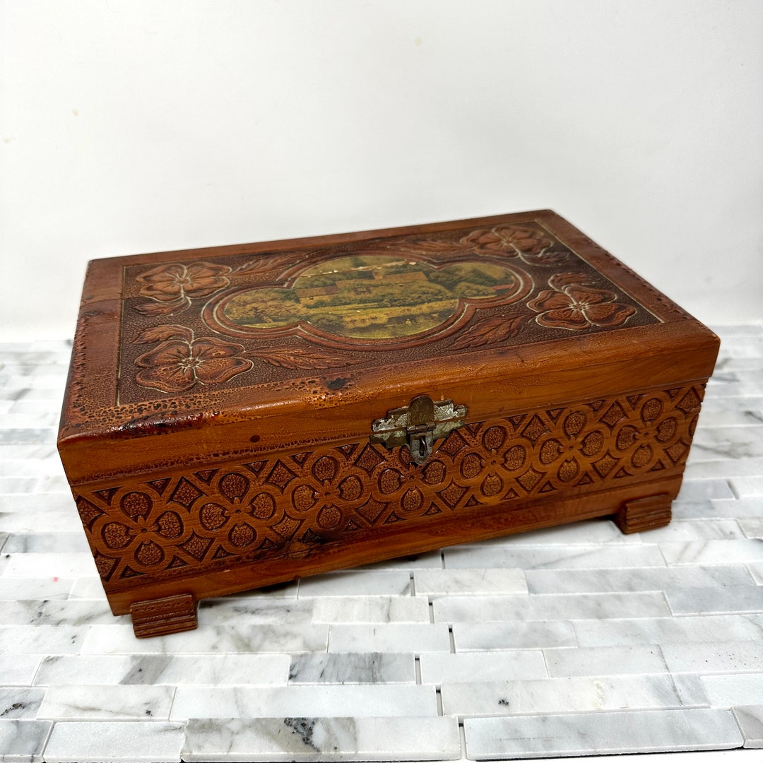 Cedar Wood Jewelry Box Floral Carved Decoupage Lid 10 Etsy