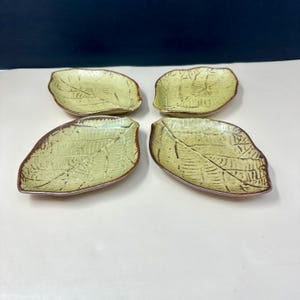 Vance Kitira Stoneware Leaf Bread Butter Small Plates Set 4, Vintage Signed Botanical Tableware