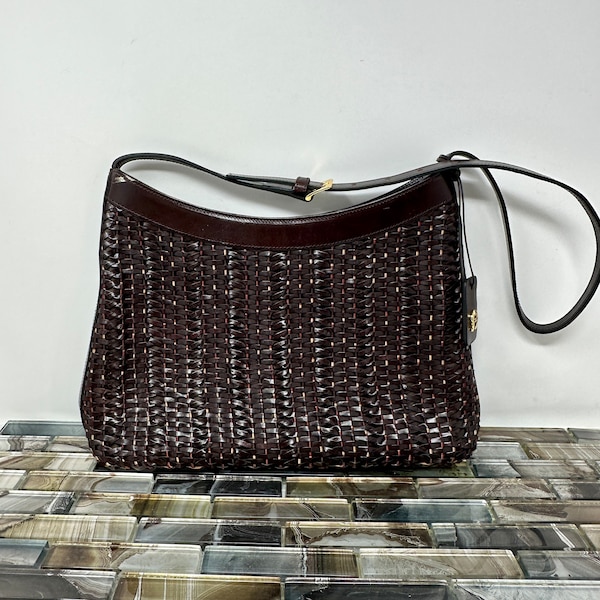 Etienne Aigner Woven Leather Shoulder Bag, Vintage Dark Brown Mahogany Purse, Vintage Red Brown Handbag, Everyday Purse, Medium Leather Bag