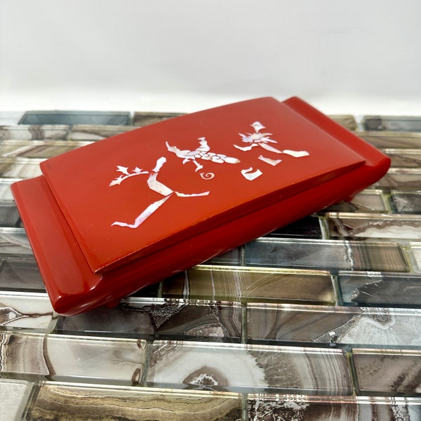 Asian Red Lacquer Smoker Box, Vintage Decorative Box Mother of Pearl Inlay with Ashtray, Vintage Asian Home Decor, Vintage Home Decor