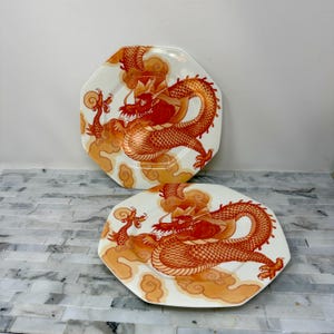 Mikasa Mythology Terracotta Lunch Plates Pair 8 1/2&quot;, Vintage Kitchen Dining Octagonal Orange Dragon Small Plates, Dragon Lover Replacement