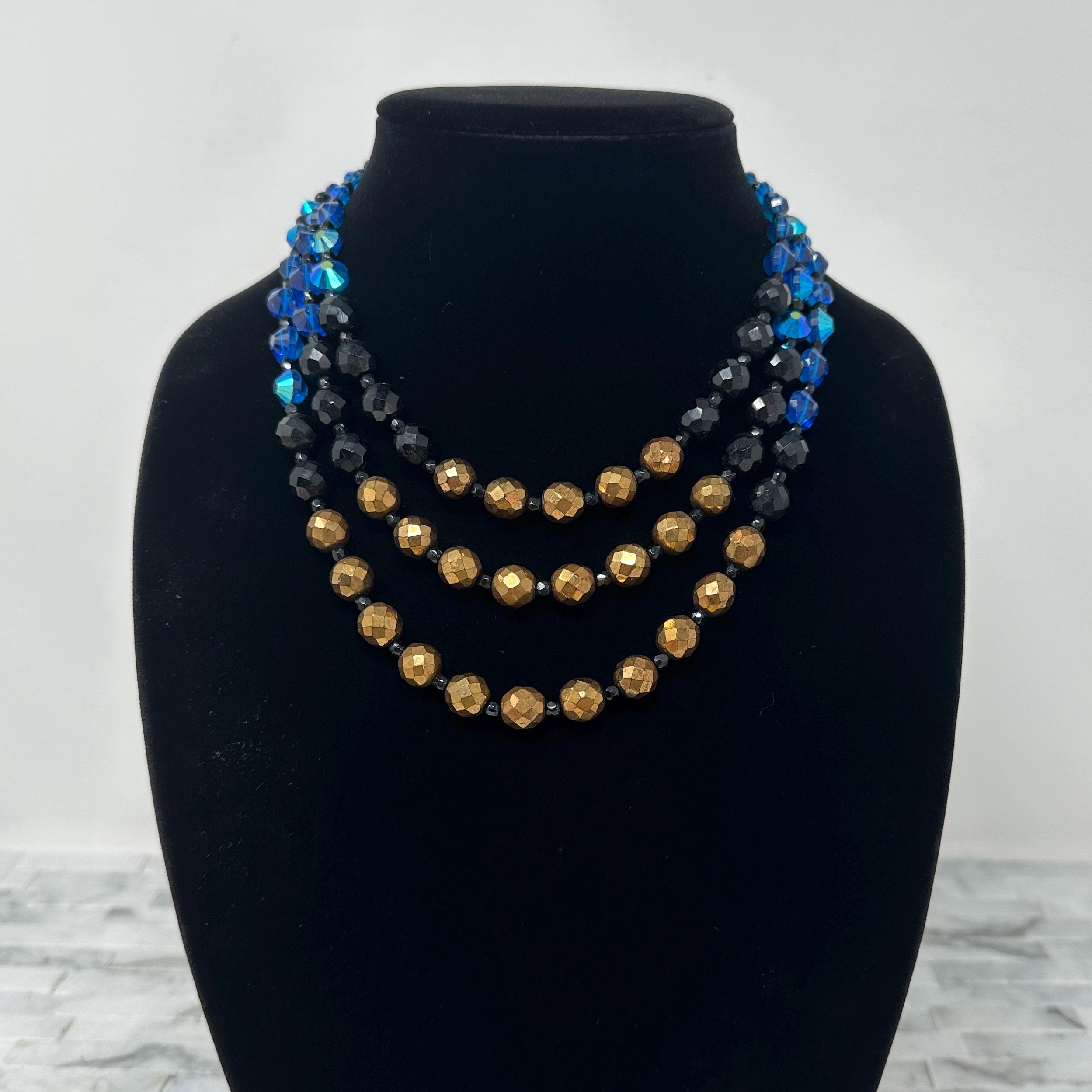 Hobe Tri Color Glass Bead Chain Struing 3 Strand Necklace 16