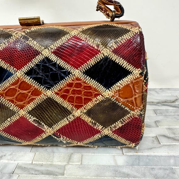 Patchwork Reptile Alligator Leather Box Purse Top… - image 10