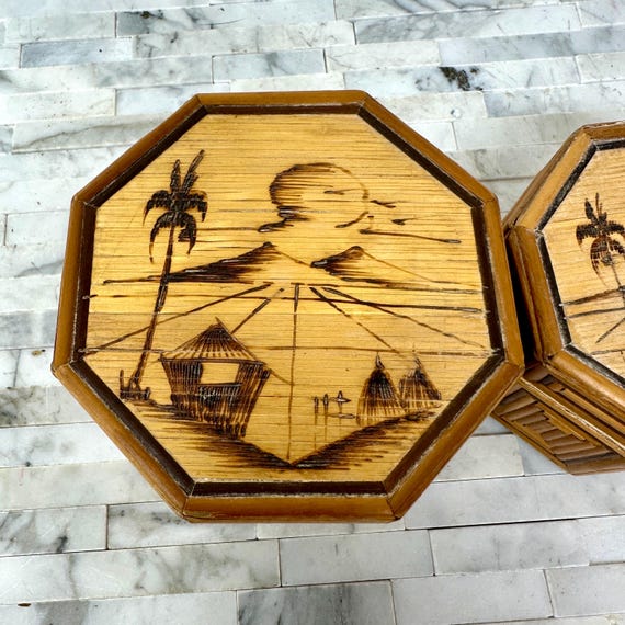 Rattan Pyography Hexagon Nesting Boxes Set 2, Vin… - image 2