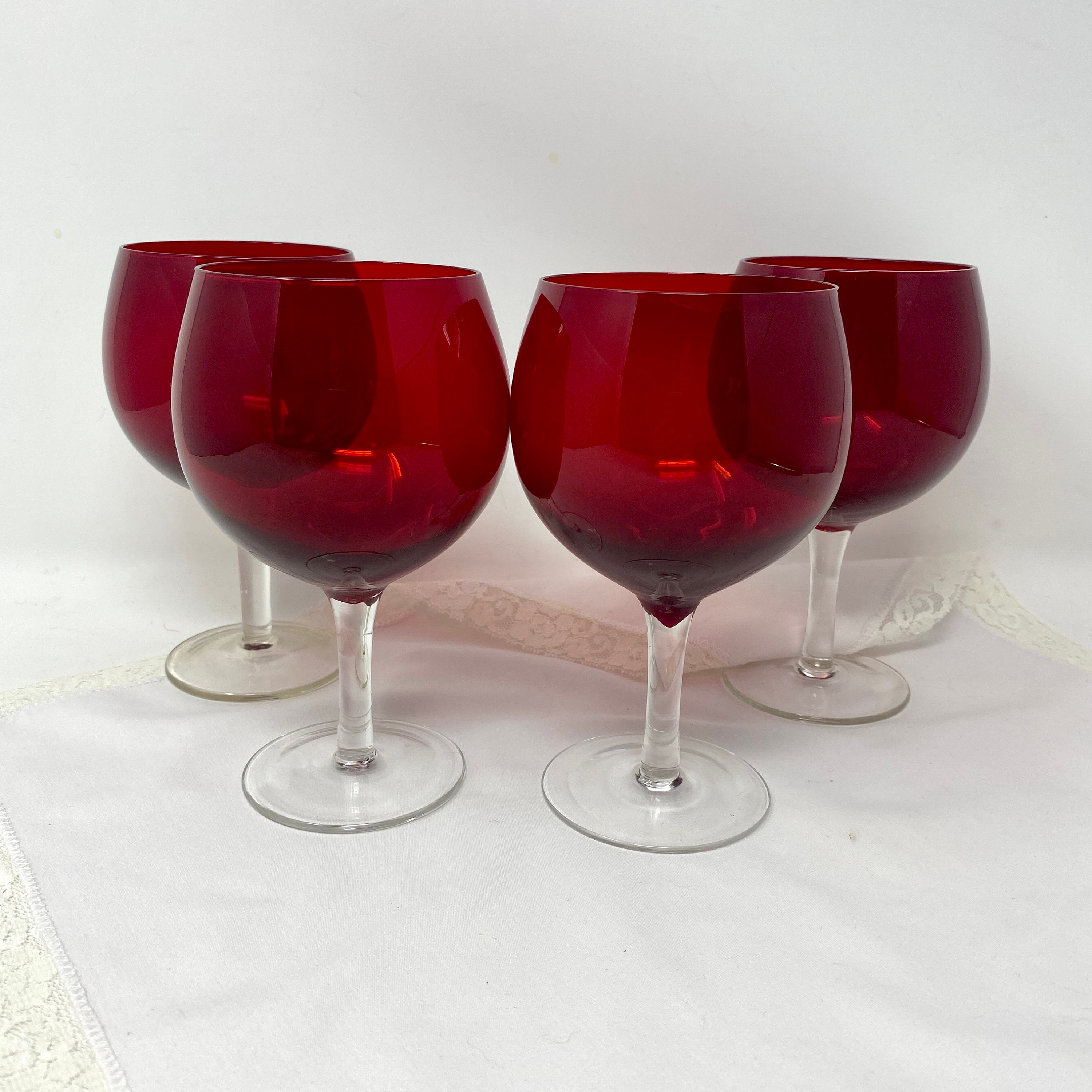 Red Wine Goblets, Red Glassware, Vintage Drinkware, 4 Red Cocktail Glasses , red Barware, Red Water Glasses, Holiday Glassware Gift Set 