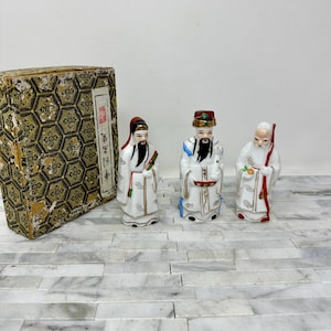 Fu Lu Shou Asian Chinese Three Wise Men 3 Gods Figurines, Vintage Sanxing Statues, Prosperity, Status, Longevity, Porcelain, Feng Shui