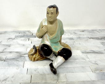 Chinese Shiwan Farmer Mudman Figurine 4", Vintage Man Sitting on Log Bonsai Plant Small Decorative