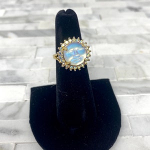 Kirks Folly Seaview Moon Ring, Vintage Gold Tone Moon Face Ring Aurora Borealis Iridescent Glass Size 5, Vintage Costume Jewelry