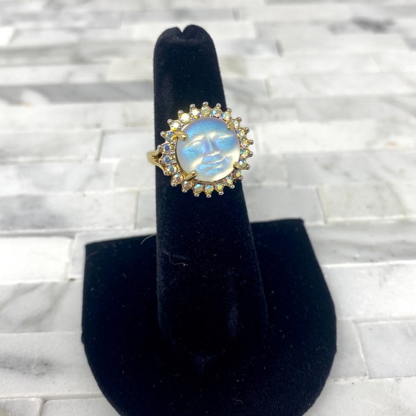 Kirks Folly Seaview Moon Ring, Vintage Gold Tone Moon Face Ring Aurora Borealis Iridescent Glass Size 5, Vintage Costume Jewelry